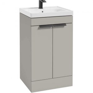 STOCKHOLM Arctic Grey Matt 50cm 2 Door Floor Standing Vanity Unit - Matt Black Handle