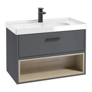 MALMO 80cm Single Drawer - Open Shelf Unit - Midnight Grey - Black Handle - Gloss Basin