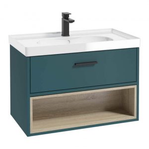 MALMO 80cm Single Drawer - Open Shelf Unit - Ocean Blue - Black Handle - Gloss Basin