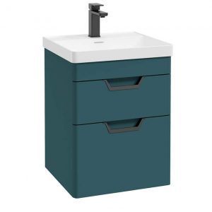 FREYA 50cm 2 Drawer Wall Hung Vanity Unit Matt Ocean Blue-Matt Black Handle