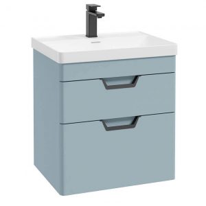 FREYA 60cm 2 Drawer Wall Hung Vanity Unit Matt Morning Sky Blue-Matt Black Handle