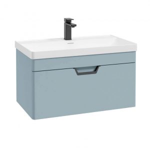 FREYA 80cm 1 Drawer Wall Hung Vanity Unit Matt Morning Sky Blue-Matt Black Handle