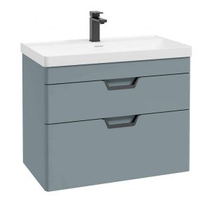 FREYA 80cm 2 Drawer Wall Hung Vanity Unit Matt Coral Green-Matt Black Handle