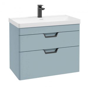 FREYA 80cm 2 Drawer Wall Hung Vanity Unit Matt Morning Sky Blue-Matt Black Handle