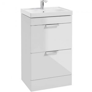 STOCKHOLM Gloss White 50cm 2 Drawer Floor Standing Vanity Unit - Brushed Chrome Handle