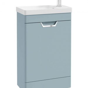 FREYA 55cm 1 Door Cloakroom Floor Standing Vanity Unit Matt Morning Sky Blue-Brushed Chrome Handle