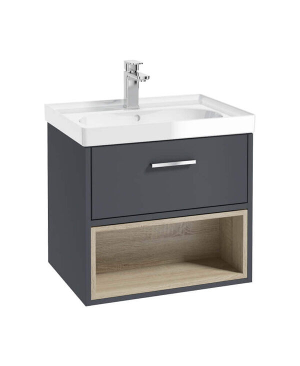  MALMO 60cm Single Drawer - Open Shelf Unit - Matt Night Sky Blue - Chrome Handle - Gloss Basin