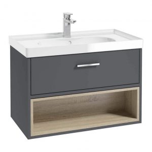 MALMO 80cm Single Drawer - Open Shelf Unit - Midnight Grey - Chrome Handle - Gloss Basin