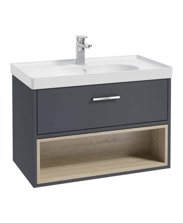  MALMO 80cm Single Drawer - Open Shelf Unit - Matt Night Sky Blue - Chrome Handle - Matt Basin