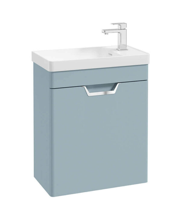  FREYA 55cm 1 Door Cloakroom Wall Hung Vanity Unit Matt Morning Sky Blue-Brushed Chrome Handle