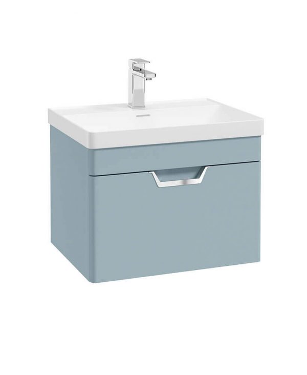  FREYA 60cm 1 Drawer Wall Hung Vanity Unit Matt Morning Sky Blue-Chrome Handle