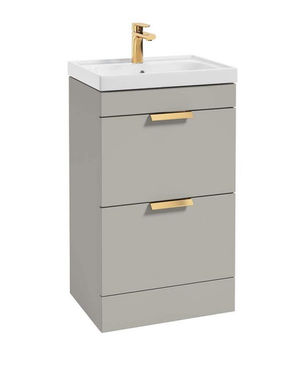 STOCKHOLM Arctic Grey Matt 50cm 2 Drawer Floor Standing Vanity Unit - Brushed Gold Handle
