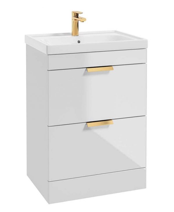 STOCKHOLM Gloss White 60cm 2 Drawer Floor Standing Vanity Unit - Brushed Gold Handle