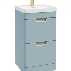 FREYA 50cm 2 Drawer Floor Standing Vanity Unit Matt Morning Sky Blue-Gold Handle