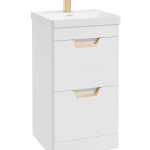 FREYA 50cm 2 Drawer Floor Standing Vanity Unit Matt White-Gold Handle