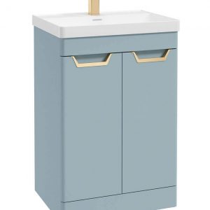 FREYA 60cm 2 Door Floor Standing Vanity Unit Matt Morning Sky Blue-Gold Handle