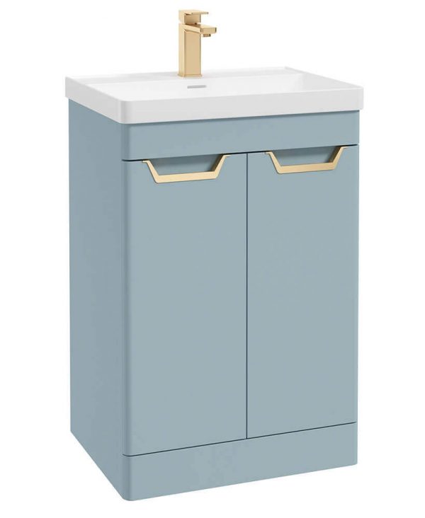  FREYA 60cm 2 Door Floor Standing Vanity Unit Matt Morning Sky Blue-Gold Handle