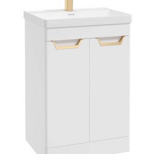 FREYA 60cm 2 Door Floor Standing Vanity Unit Matt White-Gold Handle