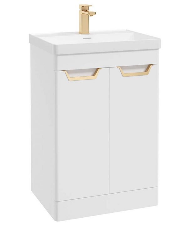  FREYA 60cm 2 Door Floor Standing Vanity Unit Matt White-Gold Handle