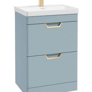 FREYA 60cm 2 Drawer Floor Standing Vanity Unit Matt Morning Sky Blue-Gold Handle