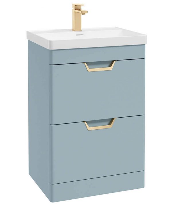  FREYA 60cm 2 Drawer Floor Standing Vanity Unit Matt Morning Sky Blue-Gold Handle