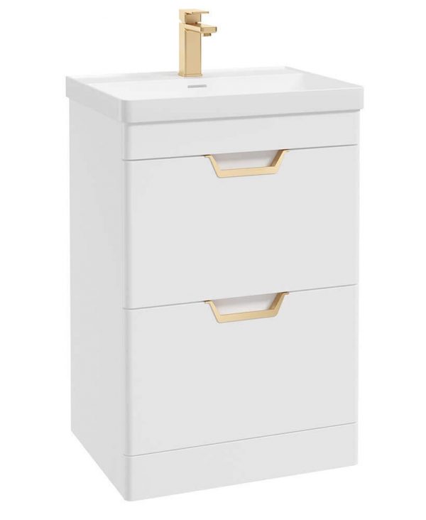  FREYA 60cm 2 Drawer Floor Standing Vanity Unit Matt White-Gold Handle