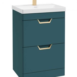 FREYA 60cm 2 Drawer Floor Standing Vanity Unit Matt Ocean Blue-Gold Handle