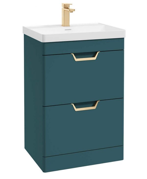  FREYA 60cm 2 Drawer Floor Standing Vanity Unit Matt Ocean Blue-Gold Handle