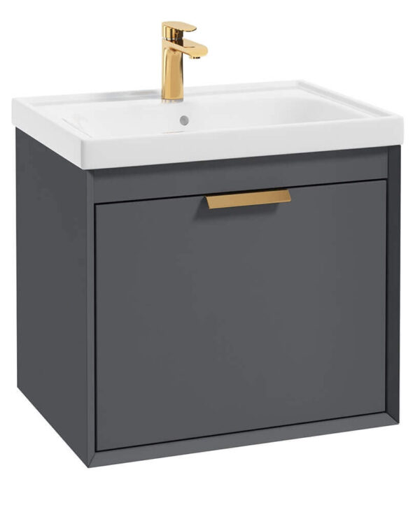  FJORD Midnight Grey Matt 60cm Wall Hung Vanity Unit-Brushed Gold Handle