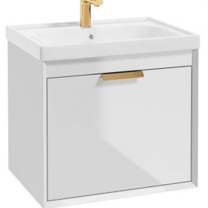 FJORD Gloss White 60cm Wall Hung Vanity Unit-Brushed Gold Handle