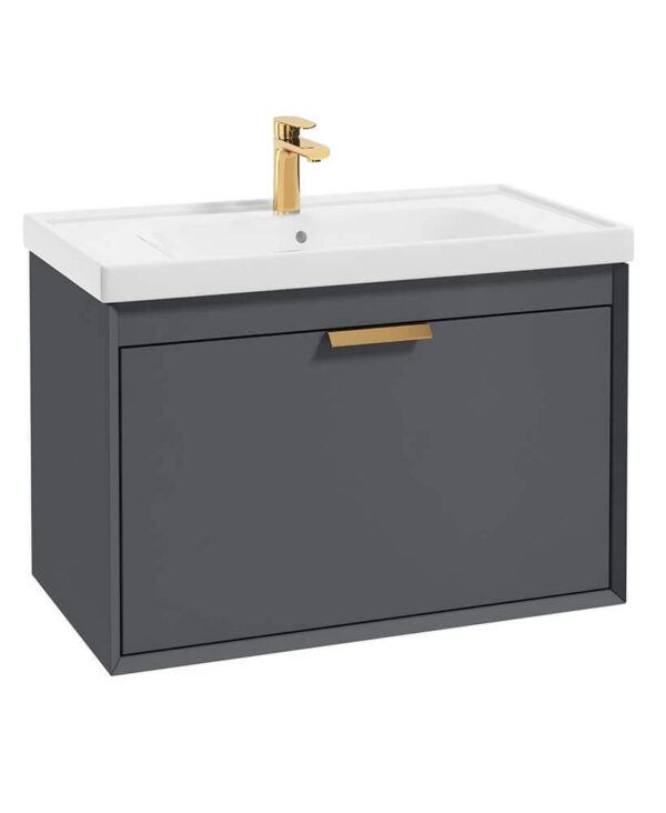  FJORD Midnight Grey Matt 80cm Wall Hung Vanity Unit-Brushed Gold Handle