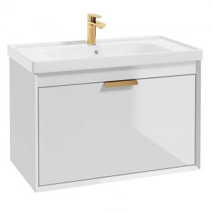 FJORD Gloss White 80cm Wall Hung Vanity Unit-Brushed Gold Handle