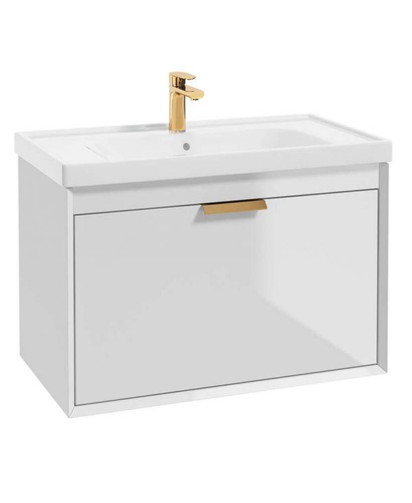  FJORD Gloss White 80cm Wall Hung Vanity Unit-Brushed Gold Handle