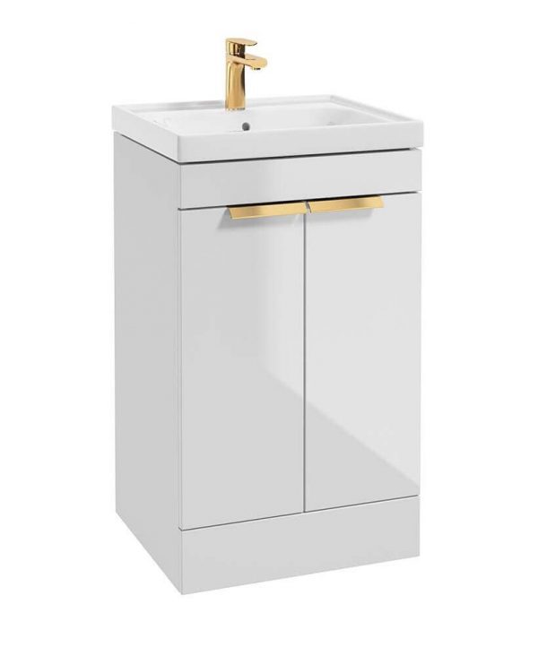 STOCKHOLM Gloss White 50cm 2 Door Floor Standing Vanity Unit - Brushed Gold Handle