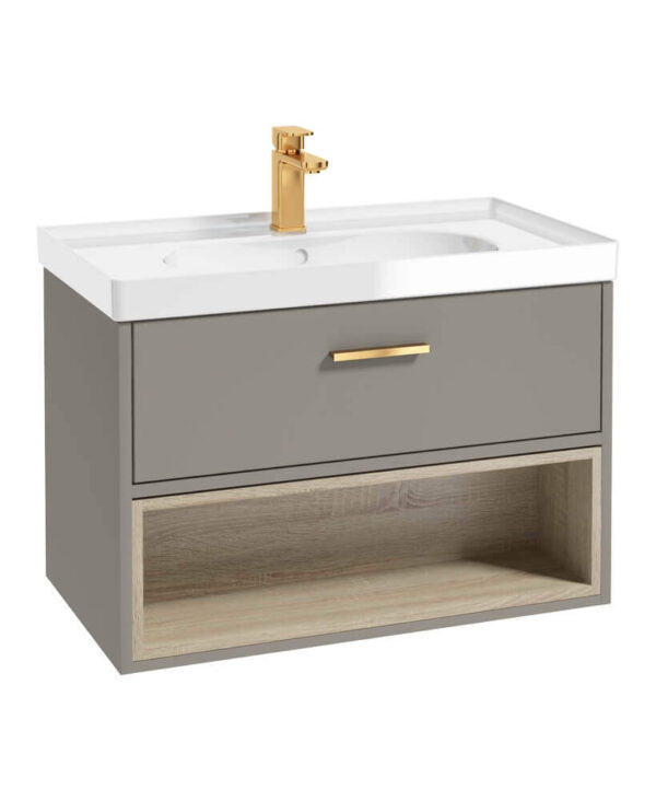  MALMO 80cm Single Drawer - Open Shelf Unit - Khaki - Brushed Gold Handle - Gloss Basin