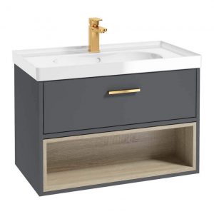MALMO 80cm Single Drawer - Open Shelf Unit - Midnight Grey - Brushed Gold Handle - Gloss Basin