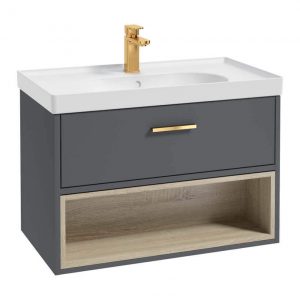 MALMO 80cm Single Drawer - Open Shelf Unit - Midnight Grey - Brushed Gold Handle - Matt Basin