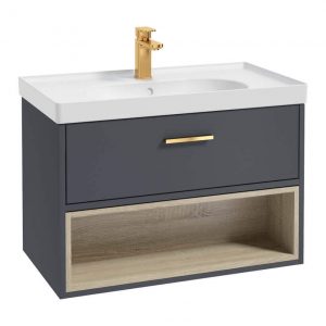 MALMO 80cm Single Drawer - Open Shelf Unit - Matt Night Sky Blue - Brushed Gold Handle - Matt Basin