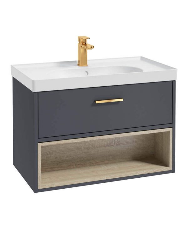  MALMO 80cm Single Drawer - Open Shelf Unit - Matt Night Sky Blue - Brushed Gold Handle - Matt Basin