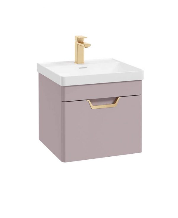  FREYA 50cm 1 Drawer Wall Hung Vanity Unit Matt Cashmere Pink-Gold Handle