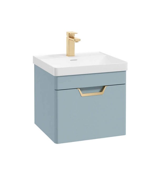  FREYA 50cm 1 Drawer Wall Hung Vanity Unit Matt Morning Sky Blue-Gold Handle