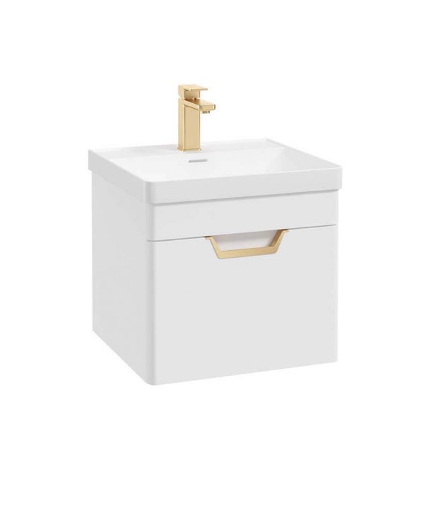  FREYA 50cm 1 Drawer Wall Hung Vanity Unit Matt White-Gold Handle