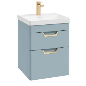 FREYA 50cm 2 Drawer Wall Hung Vanity Unit Matt Morning Sky Blue-Gold Handle