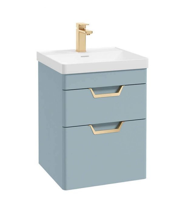  FREYA 50cm 2 Drawer Wall Hung Vanity Unit Matt Morning Sky Blue-Gold Handle