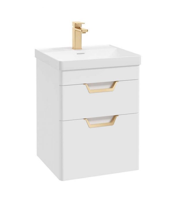  FREYA 50cm 2 Drawer Wall Hung Vanity Unit Matt White-Gold Handle