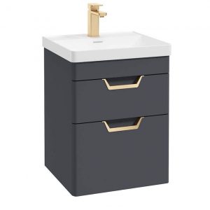 FREYA 50cm 2 Drawer Wall Hung Vanity Unit Matt Night Sky Blue-Gold Handle