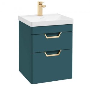 FREYA 50cm 2 Drawer Wall Hung Vanity Unit Matt Ocean Blue-Gold Handle