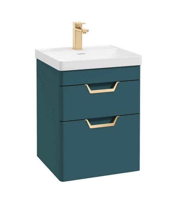  FREYA 50cm 2 Drawer Wall Hung Vanity Unit Matt Ocean Blue-Gold Handle