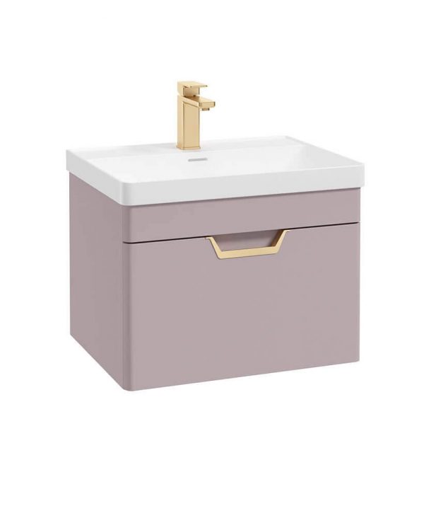  FREYA 60cm 1 Drawer Wall Hung Vanity Unit Matt Cashmere Pink-Gold Handle