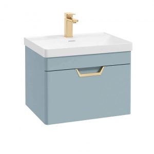 FREYA 60cm 1 Drawer Wall Hung Vanity Unit Matt Morning Sky Blue-Gold Handle